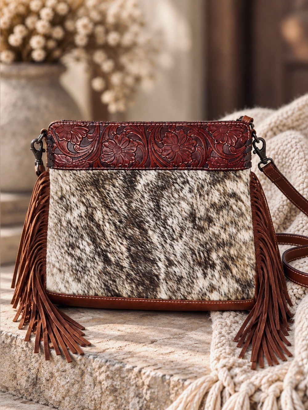 Genuine Cowhide Tooled Leather Fringe Crossbody Bag Brown